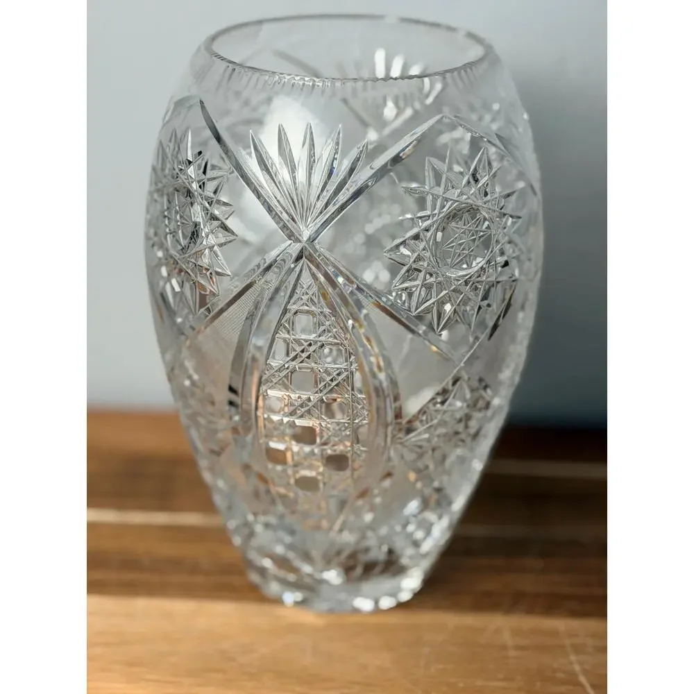 Vintage Hand Cut Crystal Vase, American Brilliant Hobstar Fan Pattern